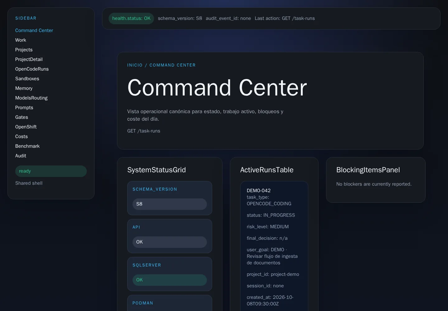 Captura de la interfaz real de GepetO v2: Command Center con estado, trabajos y bloqueos