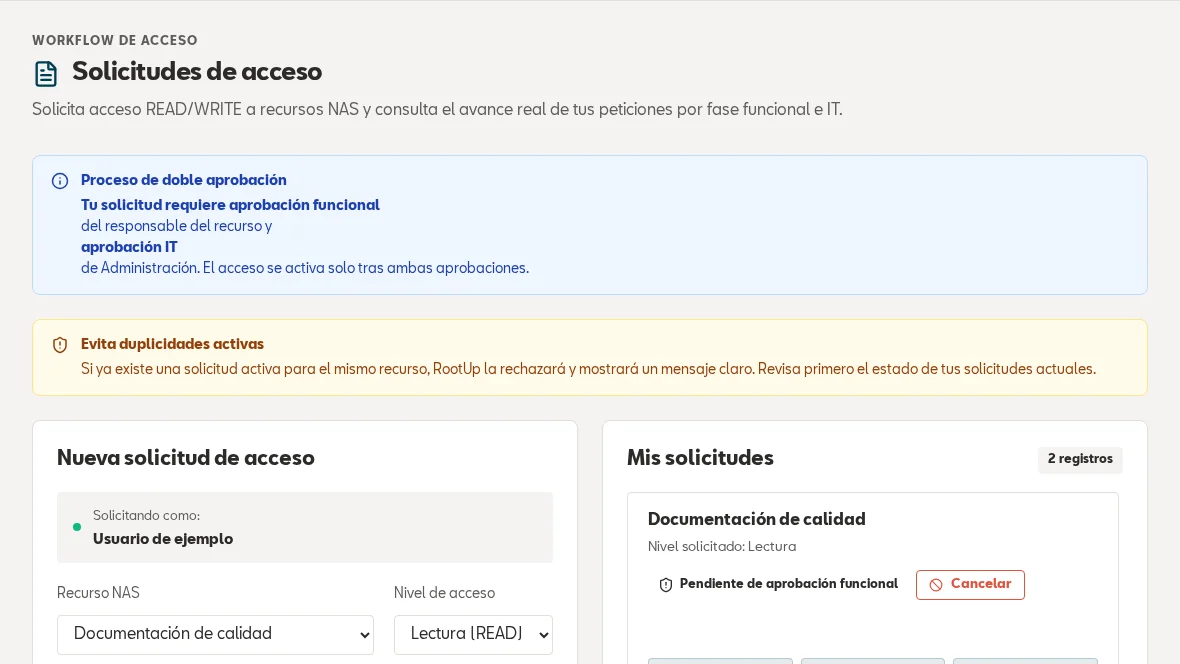 Pantalla real de solicitudes de acceso de RootUp con datos sintéticos de demostración