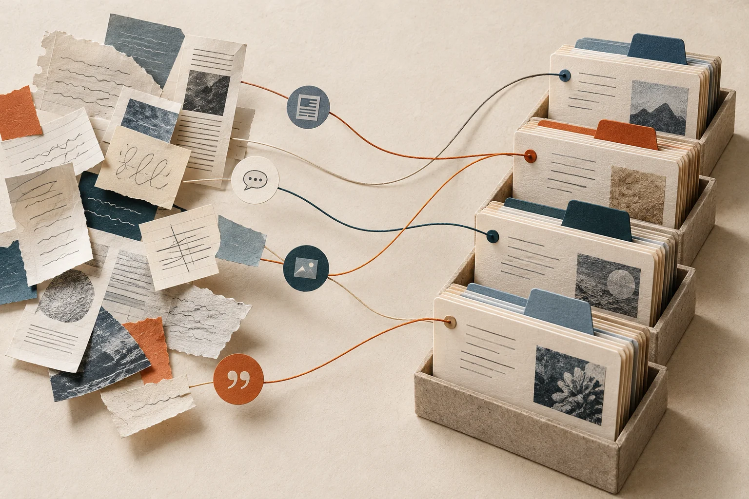Ilustración conceptual: fragmentos de conversación conectados por hilos de procedencia a un archivo de conocimiento organizado